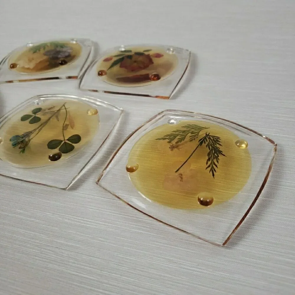 VTG 5 Clear Lucite Acrylic Coasters Pressed Flowers Clover Romantic Cottage MCM